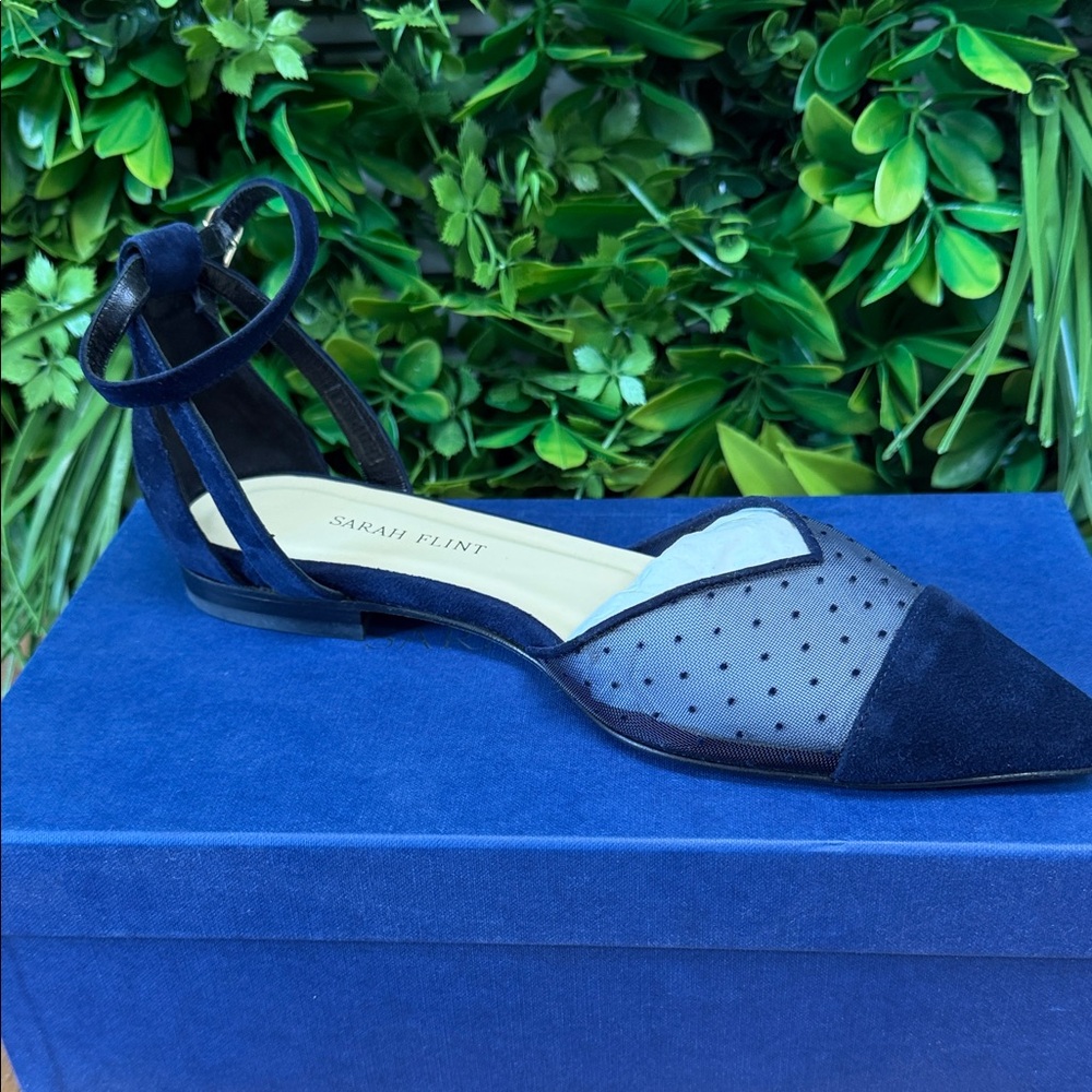 Sarah Flint Navy Blue Mesh Pointed Flats Suede